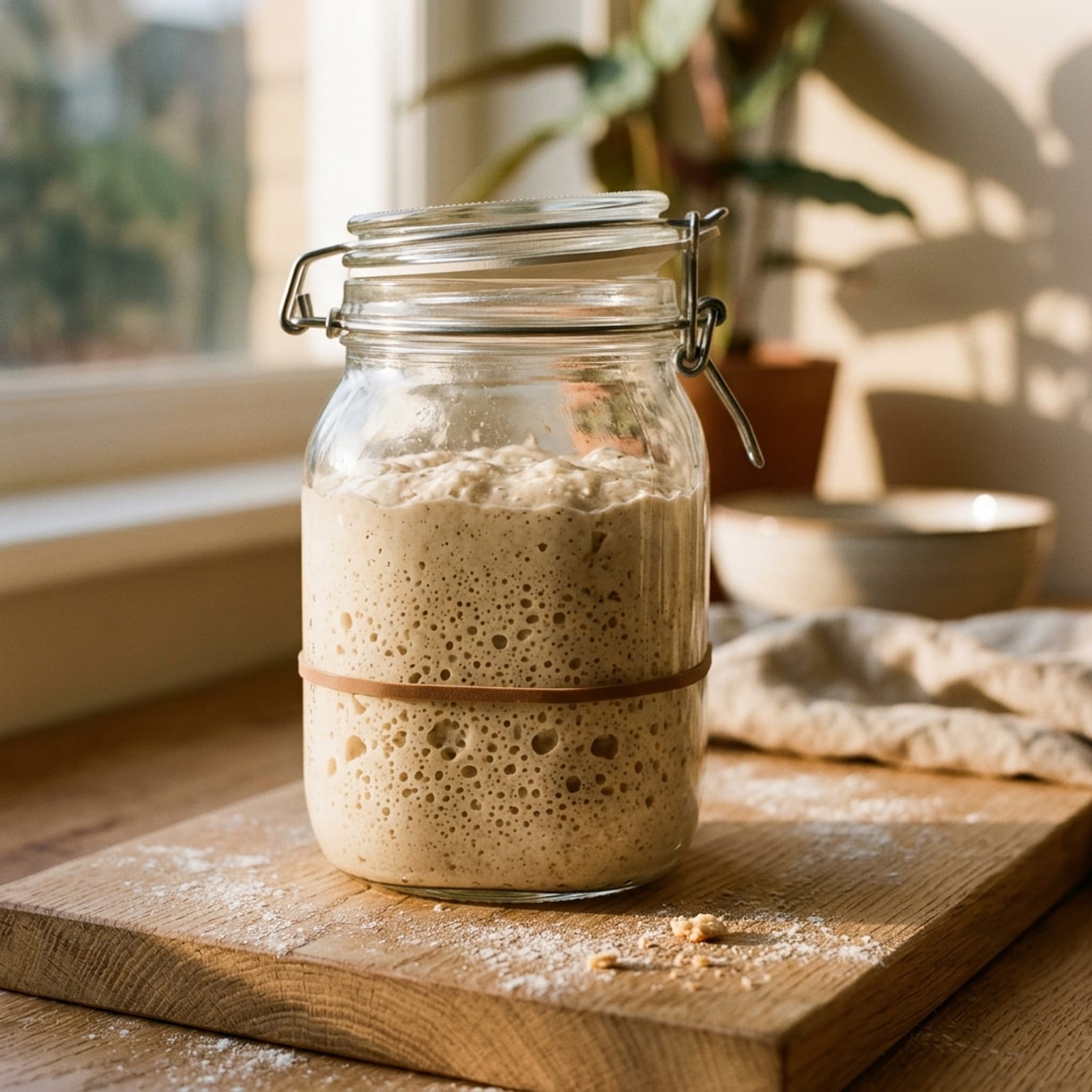 Glas mit frischem, aktivem Sauerteigstarter mit Gärbläschen